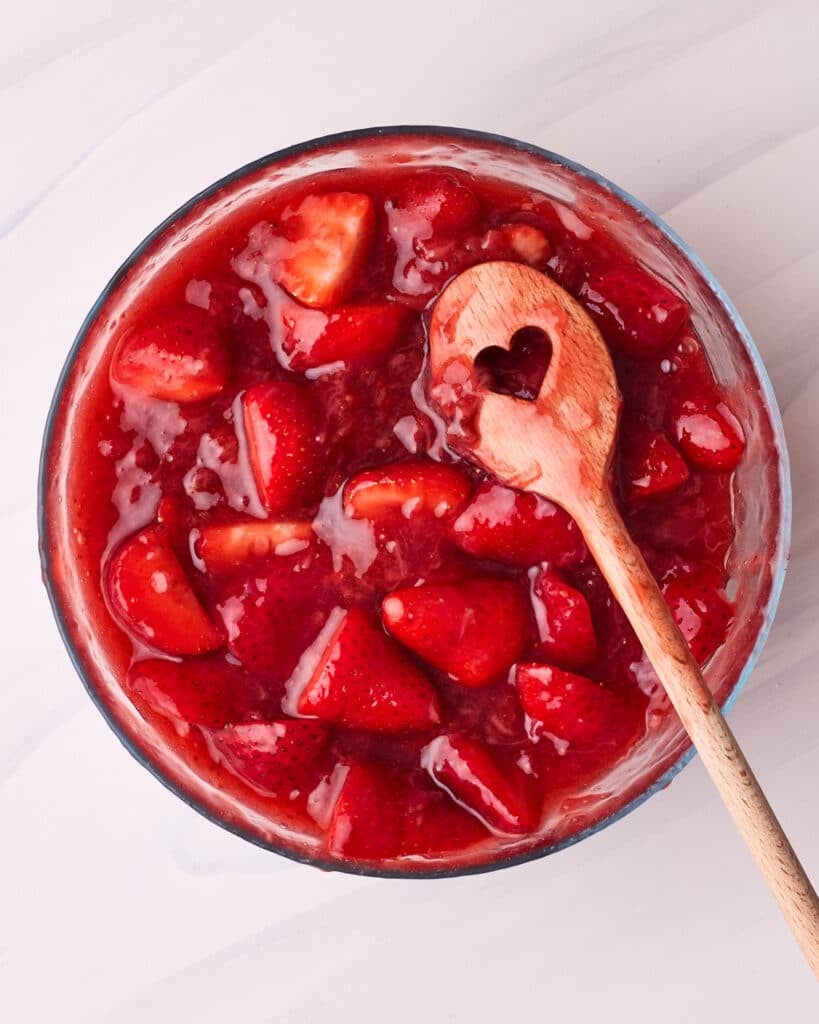 Fresh strawberry pie filling mixed with fresh strawberries - ready to go into a pie crust. 