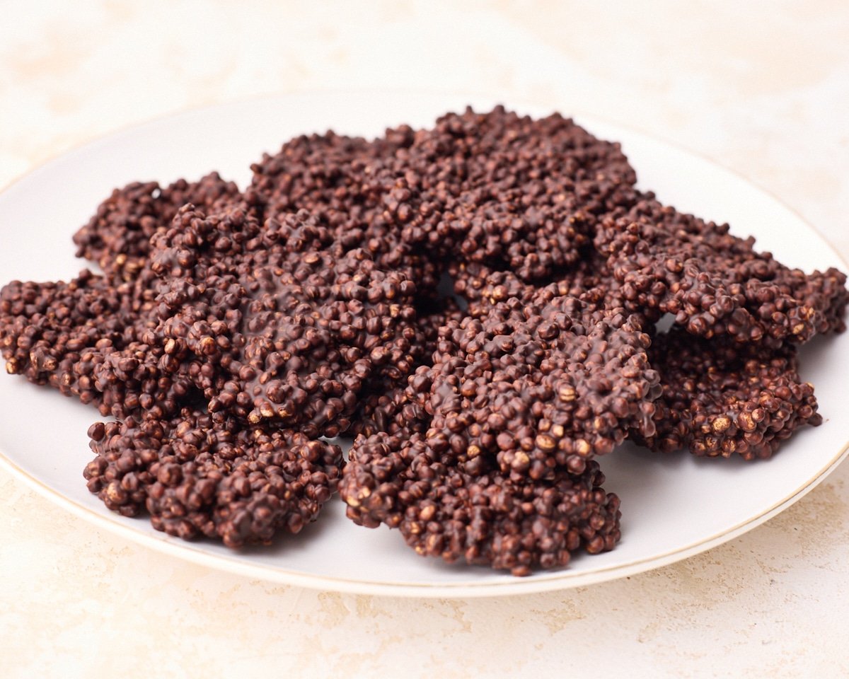 Chocolate quinoa crisps on a plate.
