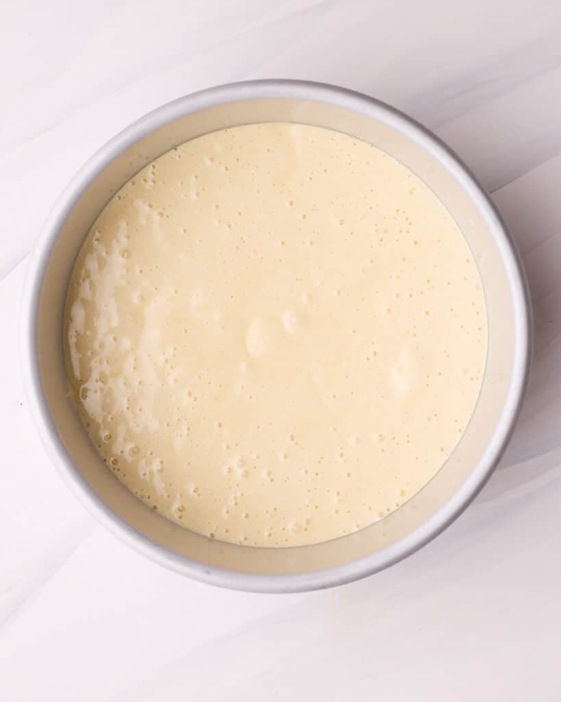 Vanilla sponge cake batter in a prepared pan, ready to be baked.