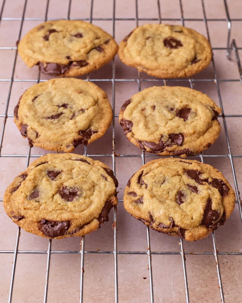 Baked chocolate chip cookies cooling on a wire rack.
