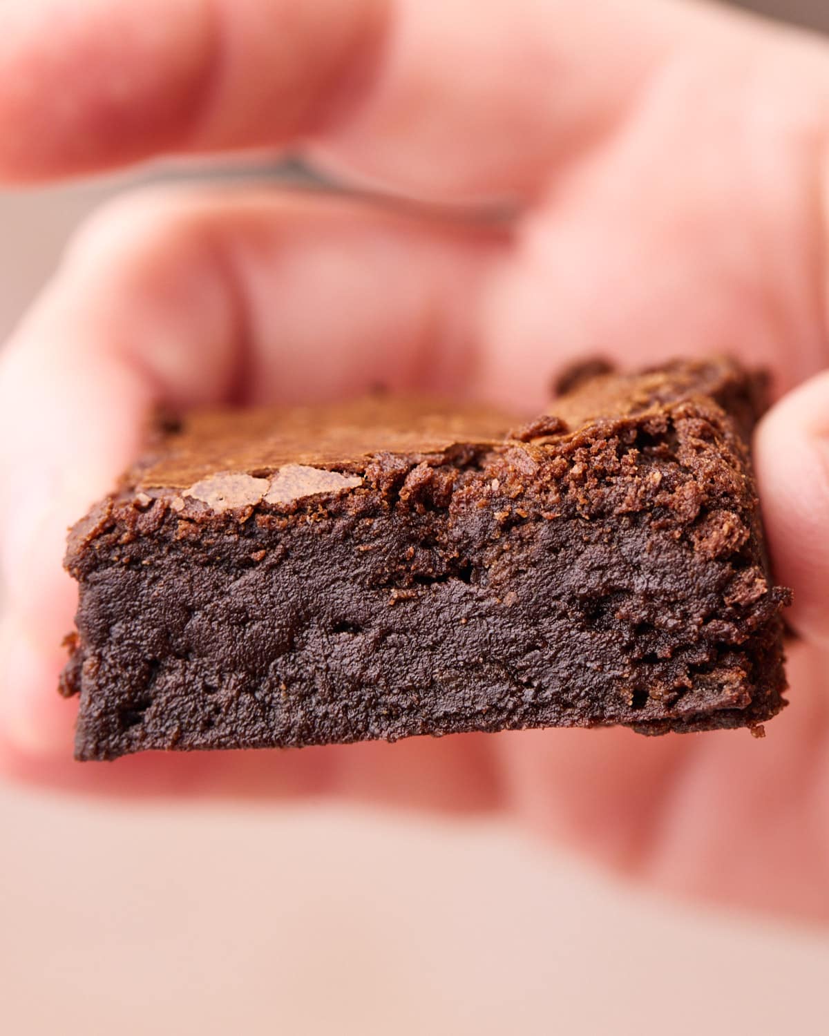 Side view of a brownie being held up to the camera.