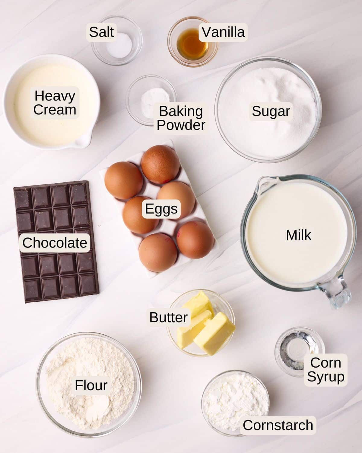 Ingredients list showing what's in boston cream pie - including eggs, milk, sugar, cornstarch, vanilla extract, flour, butter, corn syrup, heavy cream and dark chocolate.