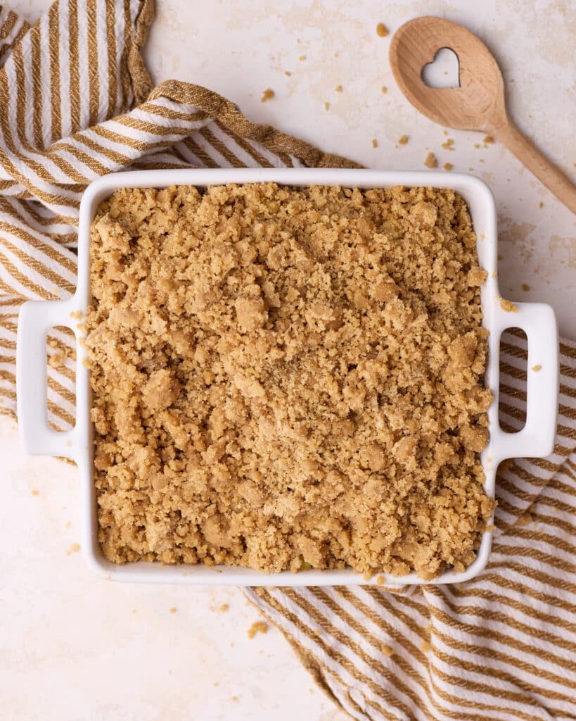 Finished apple crumble baked to golden brown.