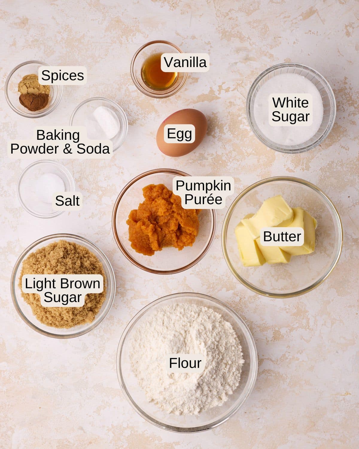 Labelled ingredients for pumpkin cookies.