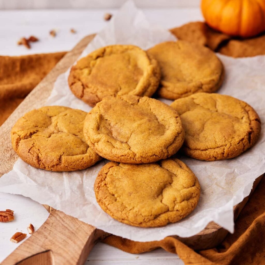Pumpkin cookies on a wooden platter, piled on top of each other to show their soft texture.