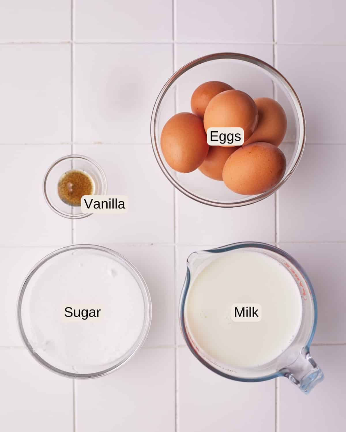 Labelled ingredients for creme anglaise, including eggs, vanilla, sugar, and milk.
