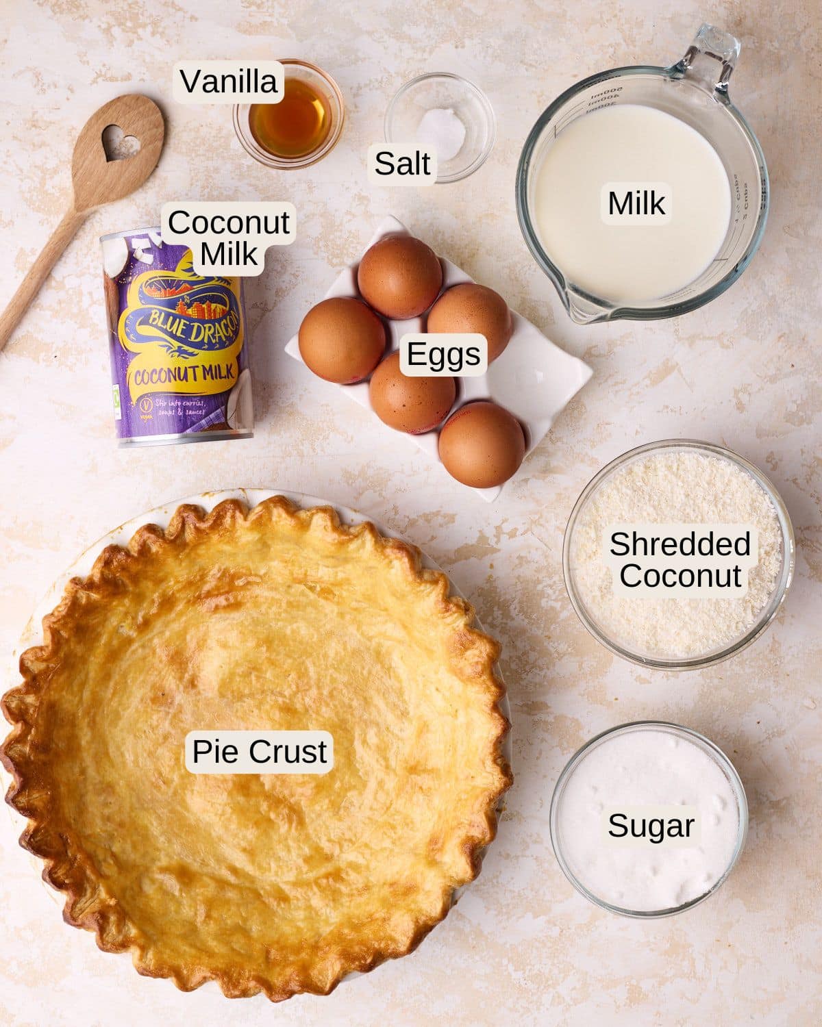 Labelled ingredients for coconut custard pie including vanilla, salt, milk, coconut milk, eggs, shredded coconut, pie crust, and sugar.
