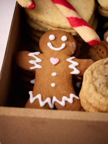Gingerbread man in a christmas cookie box.