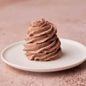 Swirl of chocolate whipped cream on a small plate.