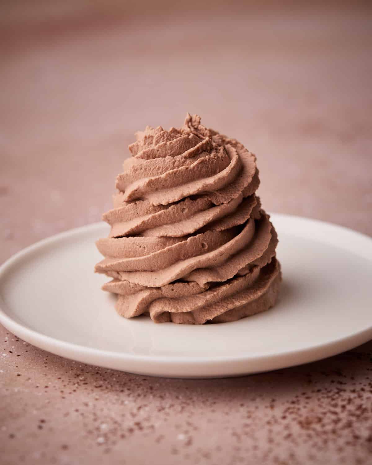 Swirl of chocolate whipped cream on a small plate.