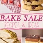 Collage of bake sale recipes, including strawberry brownies, chocolate chip shortbread, pistachio cake, and millionaire's shortbread.