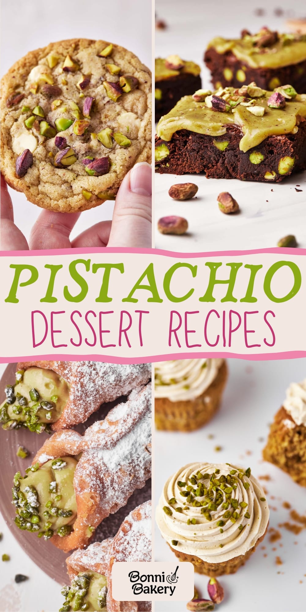 Photo collage of pistachio desserts, including cookies, brownies, cannolis, and cupcakes.