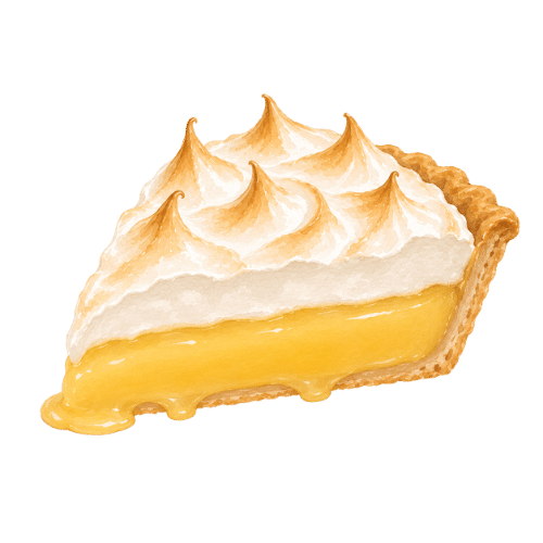 Troubleshooting graphic showing lemon meringue pie with a runny lemon filling that won't set.