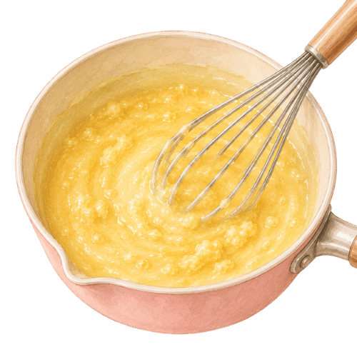 Troubleshooting graphic showing lemon meringue pie filling that has curdled and looks lumpy.