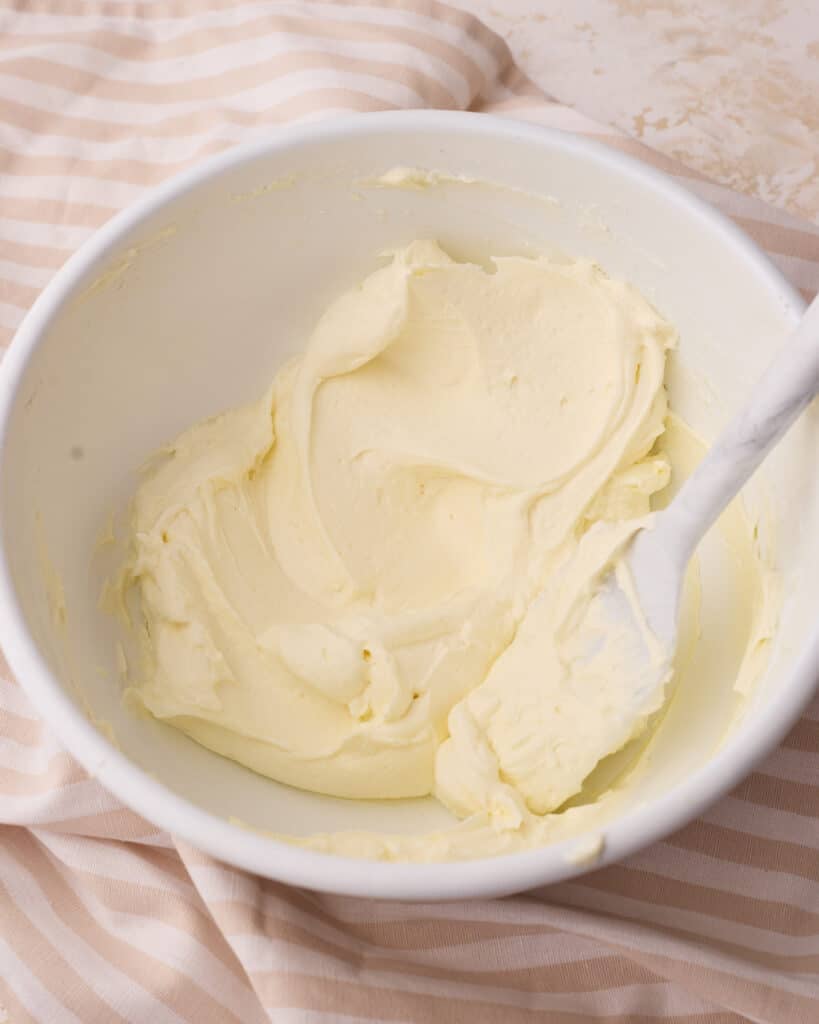 Mascarpone cream in a bowl having just been folded together.