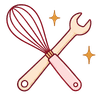 Icon of a whisk and a spanner crossed over to show baking troubleshooting.