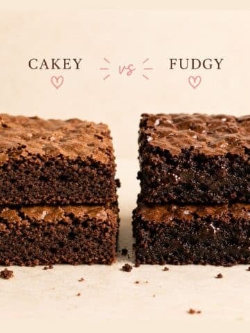 comparison image of cakey vs fudgy brownies.