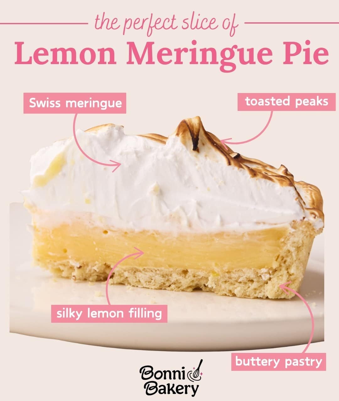 The perfect slice of lemon meringue pie, labelled to show each layer.