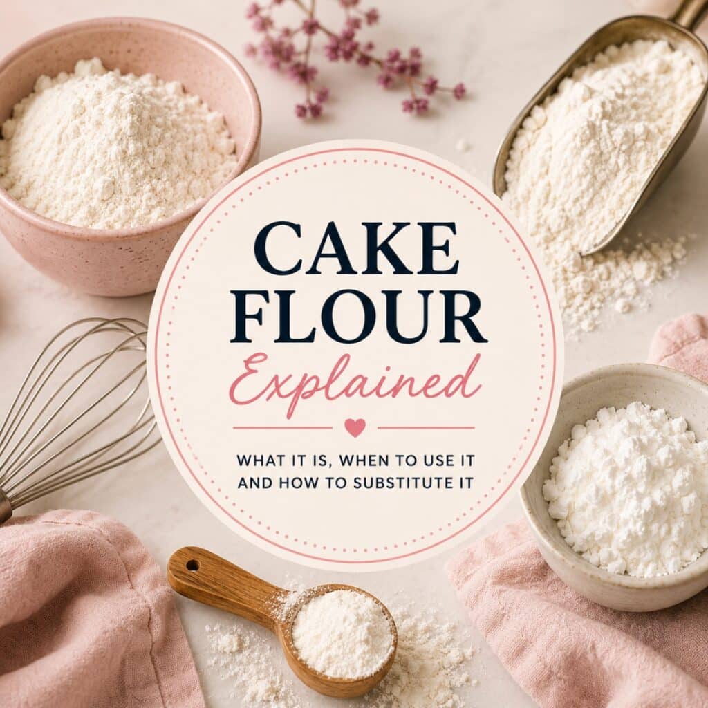 Diferent kinds of flour laid out in a pretty scene, with a title that says 'cake flour explained' in the middle.