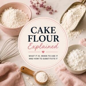 Diferent kinds of flour laid out in a pretty scene, with a title that says 'cake flour explained' in the middle.