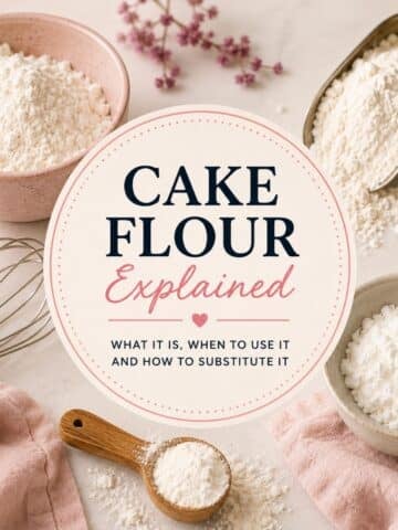 Diferent kinds of flour laid out in a pretty scene, with a title that says 'cake flour explained' in the middle.