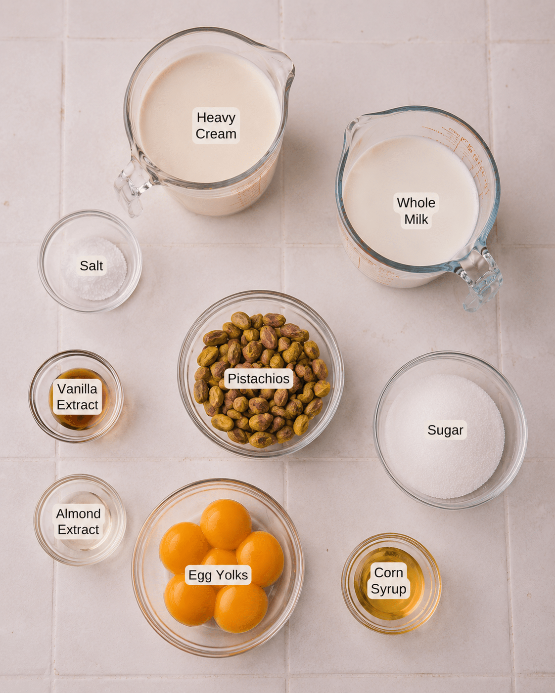 Ingredients to make homemade pistachio ice cream including egg yolks, sugar, milk, heavy cream, pistachios, salt, vanilla extract, almond extract and corn syrup.